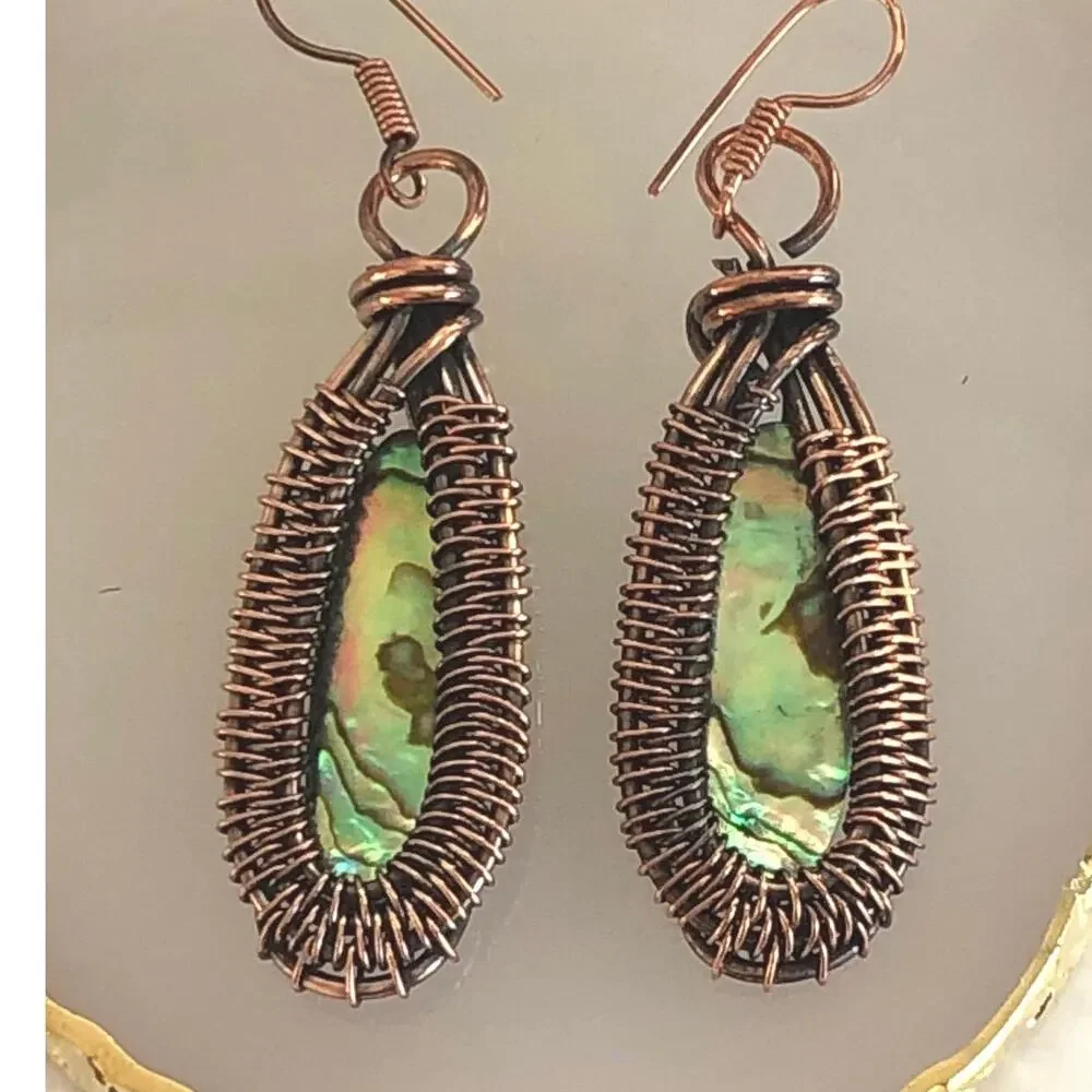 Copper Abalone Shell Copper Wire Wrap Dangle Earrings - Picture 2 of 4